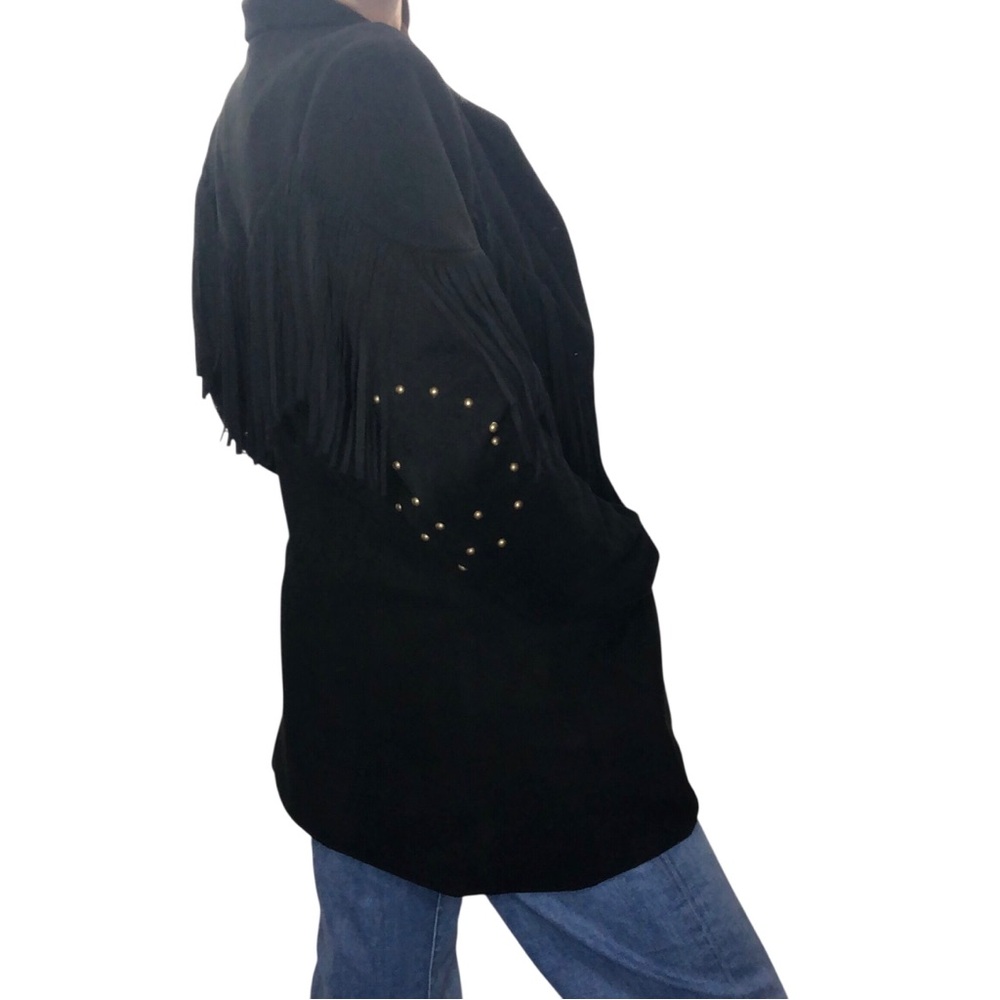 Blue B Coll. Faux Suede Fringe Rivets Jacket Sz M Black Rock Western Rockabilly - Picture 4 of 11